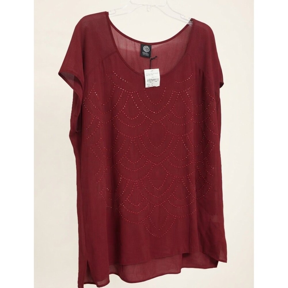 NEW Bobeau Top  Semi Sheer  Dark Red Silver Studs  Pullover  Sz 2X